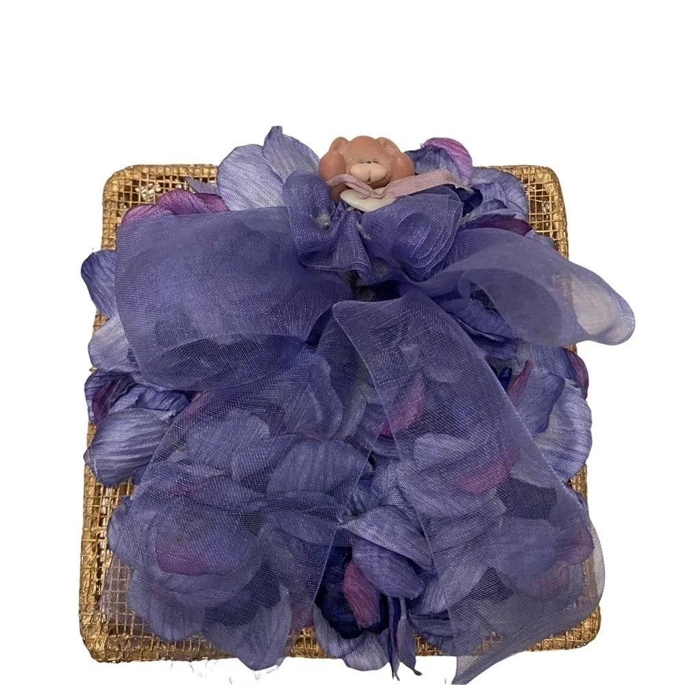 Treasure Trinket Gold Mesh Box with Lid Purple Floral 4x4x2.75